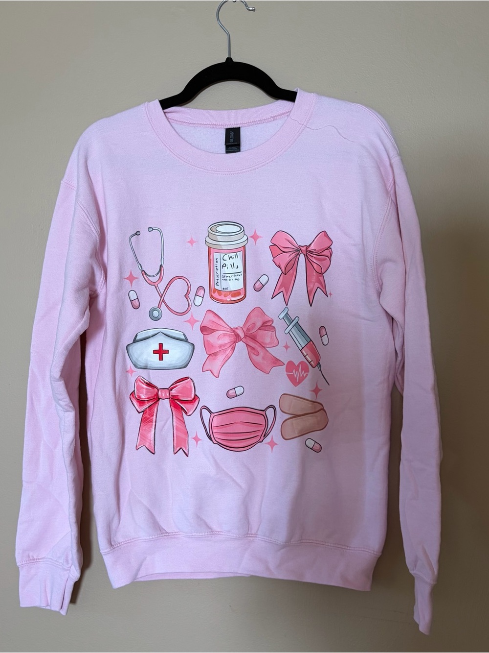 Gildan Pink Nurse Graphic Crewneck Sweatshirt